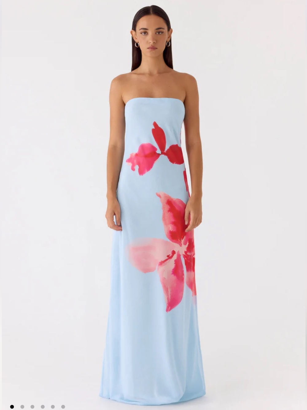 Peppermayo Light Blue Strapless Maxi Dress with Pink-Red Floral Print
